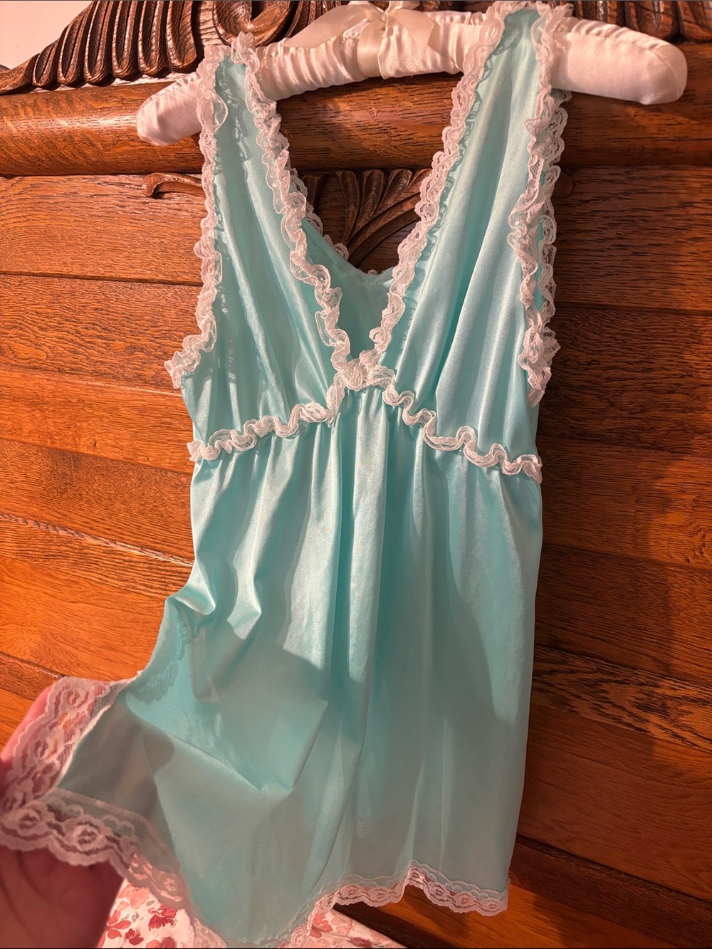 Vintage Light Aqua Blue Baby Doll Nightgown with White Lace Trim